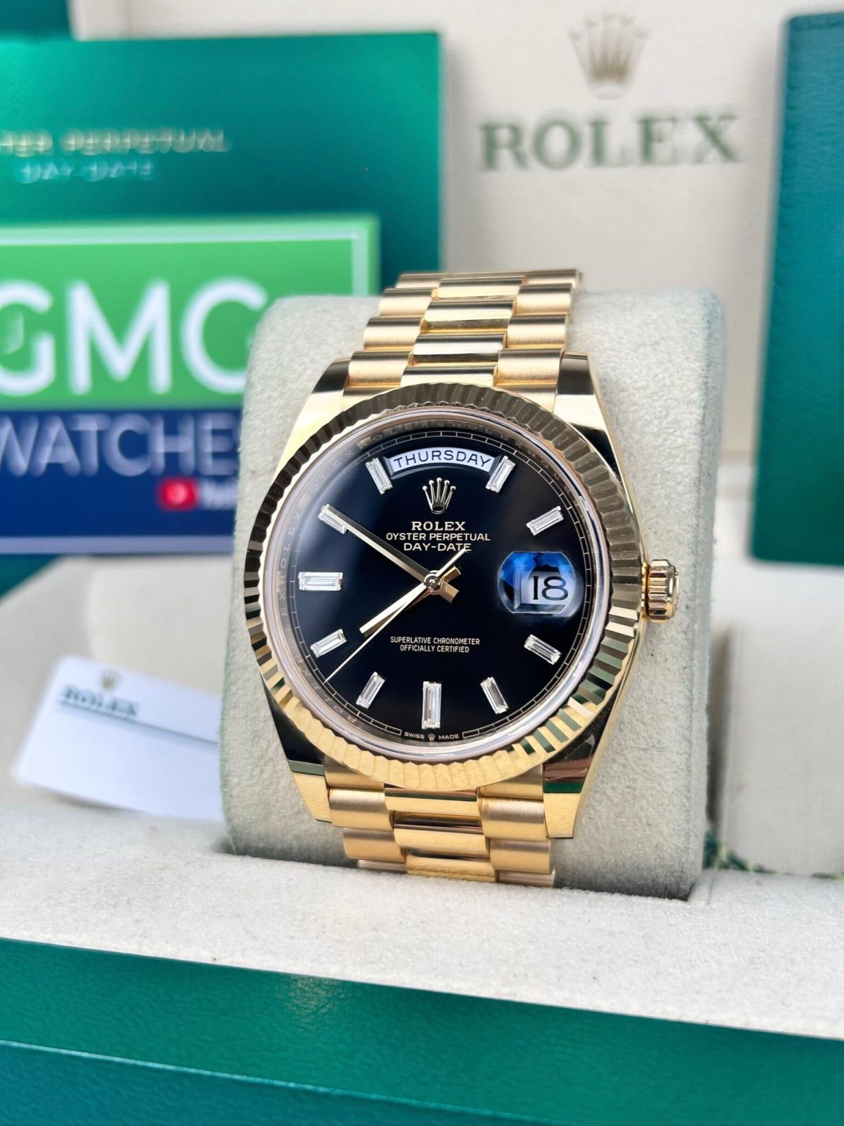 ETA113- Rolex Day-Date Gold Black Diamond Dial 228238 3255